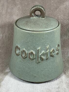 Vintage McCoy Pottery Cookies Bell Jar Green Speckled Gold Letters USA Made